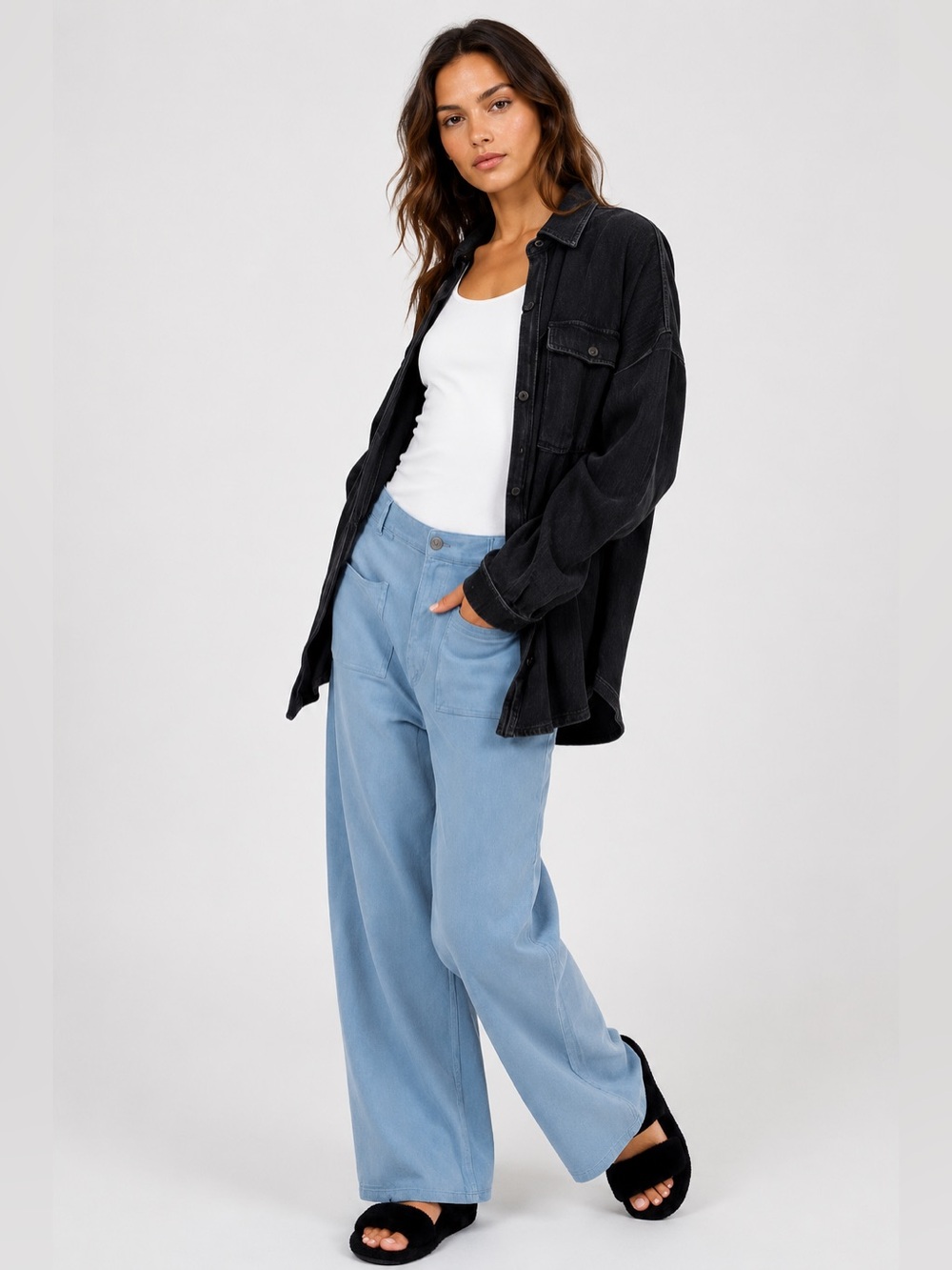 Wide Leg Pants Light Wash Blue High Rise Patch Pocket Casual Pants Multiple Size